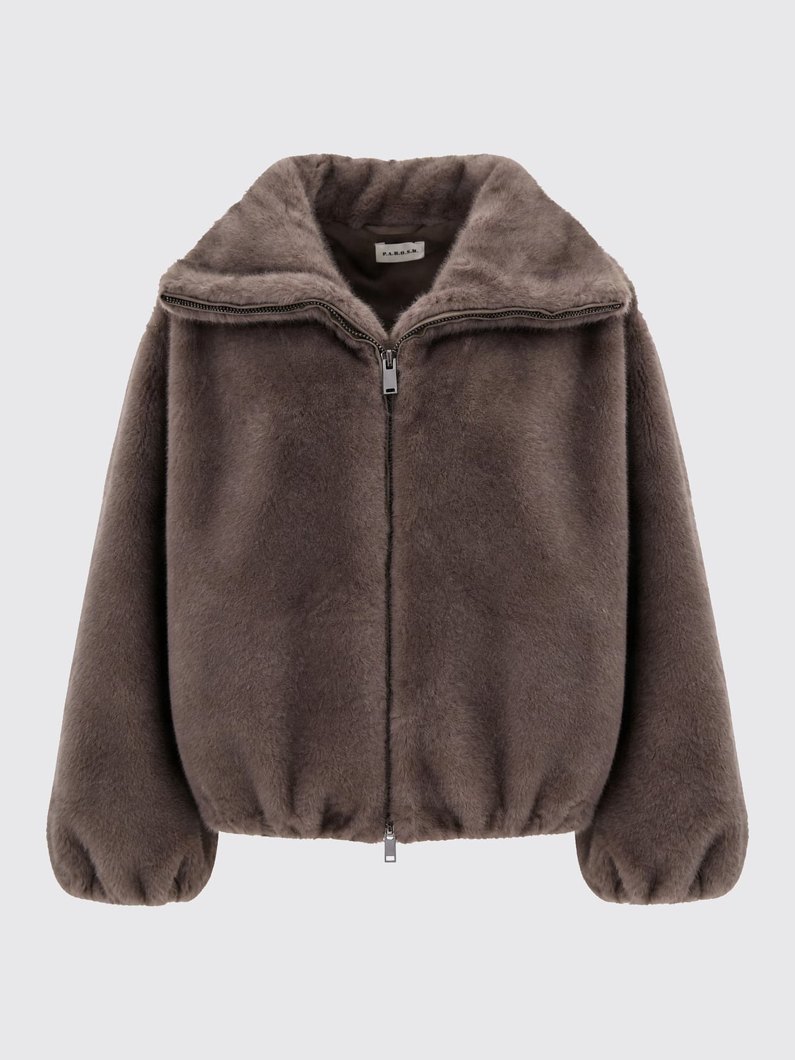 PAROSH ABRIGO DE PIEL: Chaqueta corta de pelo sintético P.A.R.O.S.H. con cuello clásico y cremallera, Cacao - Img 2