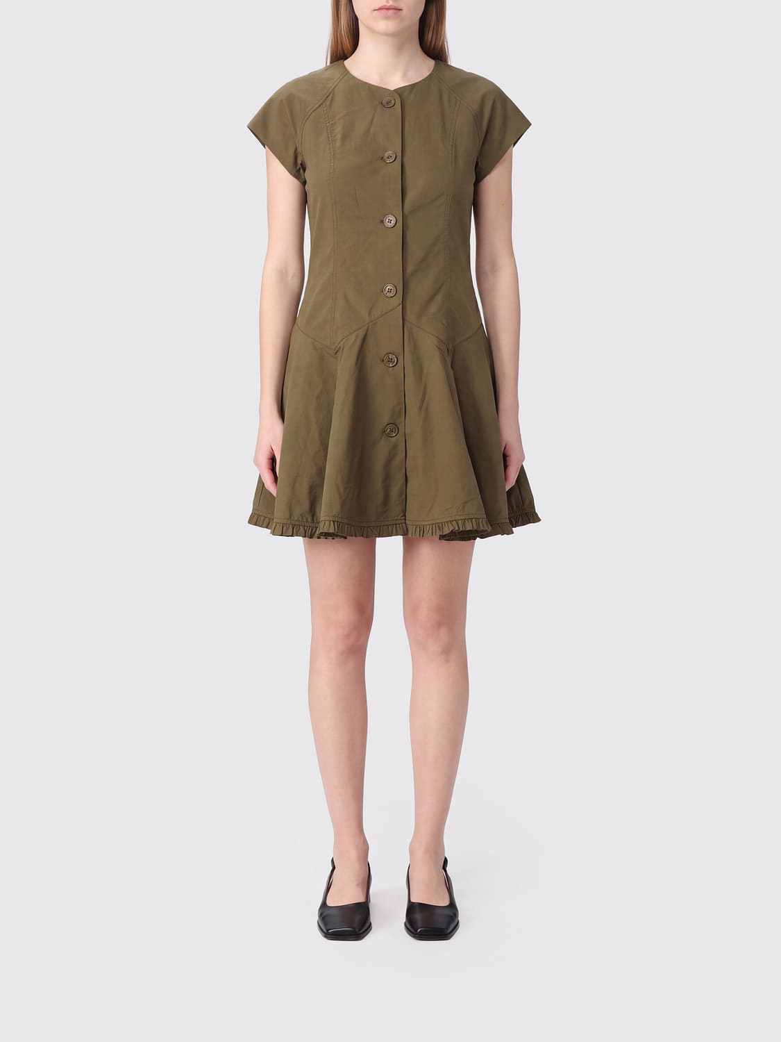 GANNI KLEID: Ganni A-Linien-Minikleid aus Bio-Baumwolle mit Rundhalsausschnitt und kurzen Ärmeln, Military - Img 1