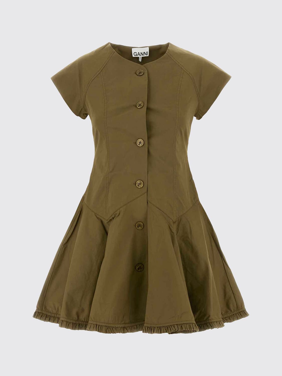 GANNI KLEID: Ganni A-Linien-Minikleid aus Bio-Baumwolle mit Rundhalsausschnitt und kurzen Ärmeln, Military - Img 2