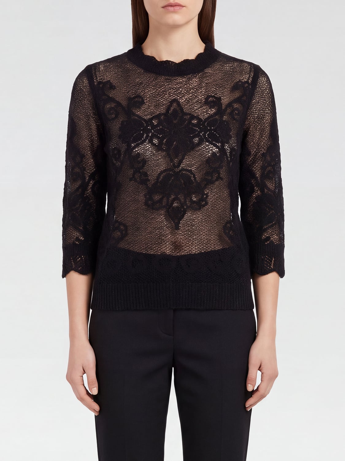 TWINSET TOP: Sheer Wool Blend Knit Twinset Top with Ruffled Collar, Black - Img 1