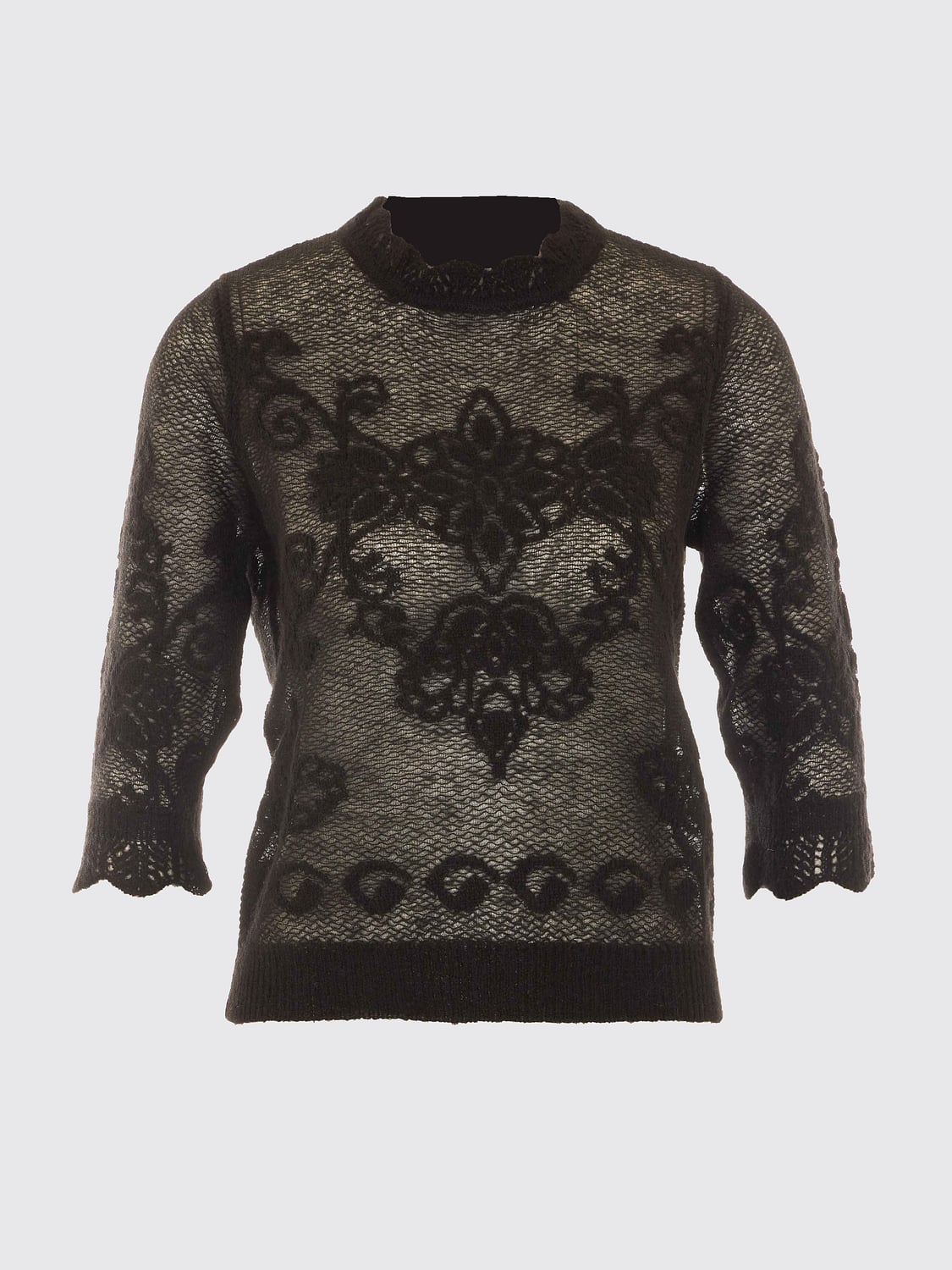 TWINSET TOP: Sheer Wool Blend Knit Twinset Top with Ruffled Collar, Black - Img 2