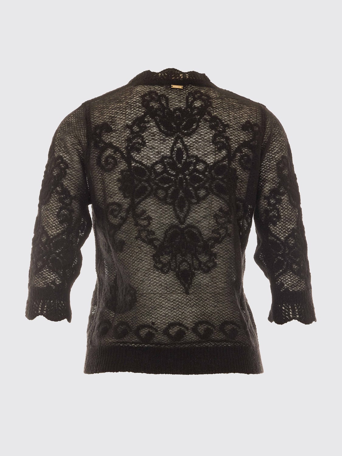 TWINSET TOP: Sheer Wool Blend Knit Twinset Top with Ruffled Collar, Black - Img 3
