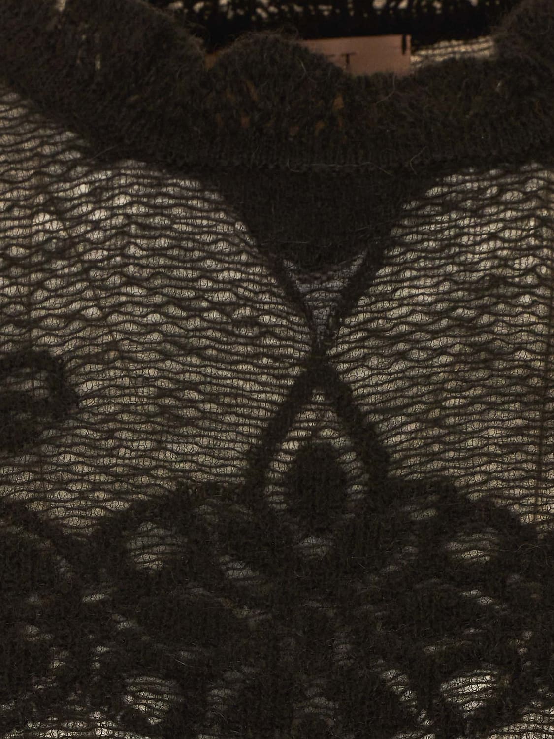 TWINSET TOP: Sheer Wool Blend Knit Twinset Top with Ruffled Collar, Black - Img 4