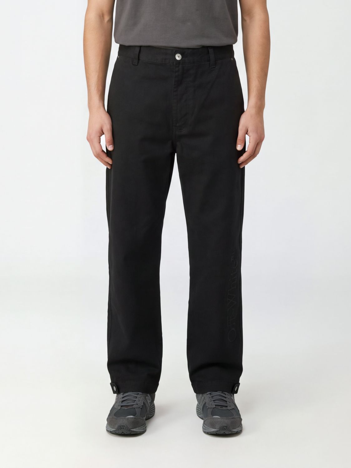 OFF-WHITE PANTS: Off-White Straight Fit Cotton Trousers with Belt Loops, Black - Img 1