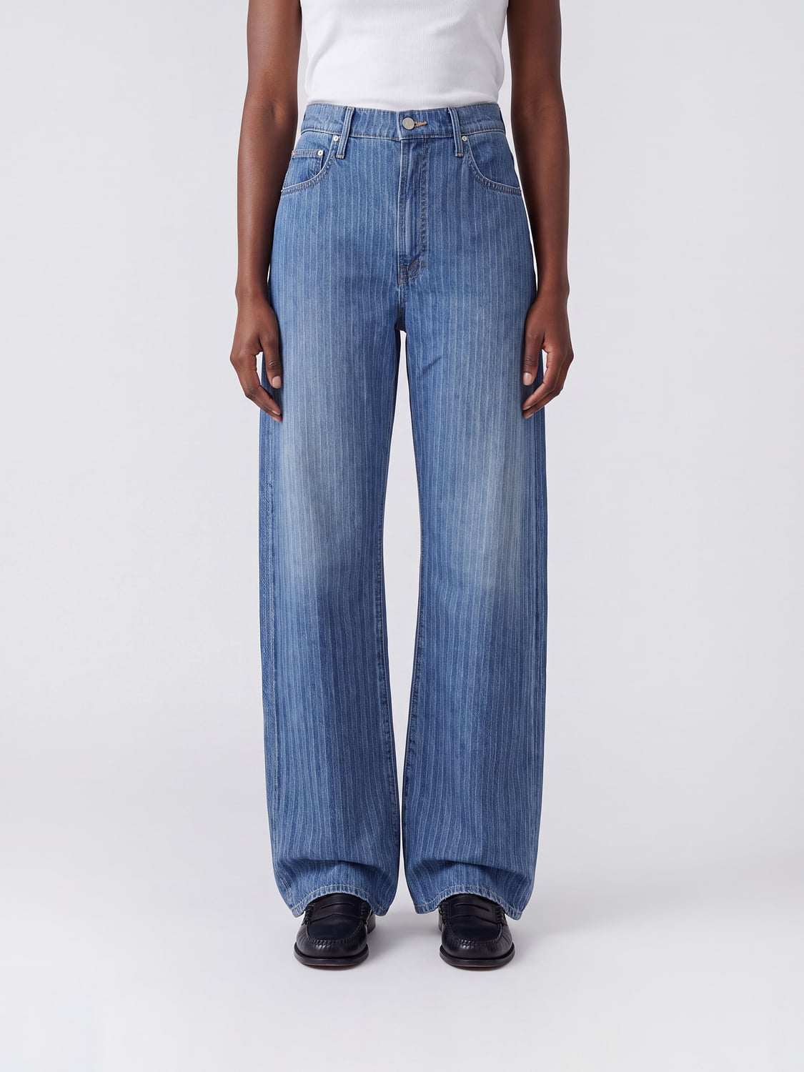 MOTHER PANTS: Mother Lasso Sneak High-Waisted Striped Baggy Jeans, Blue - Img 1