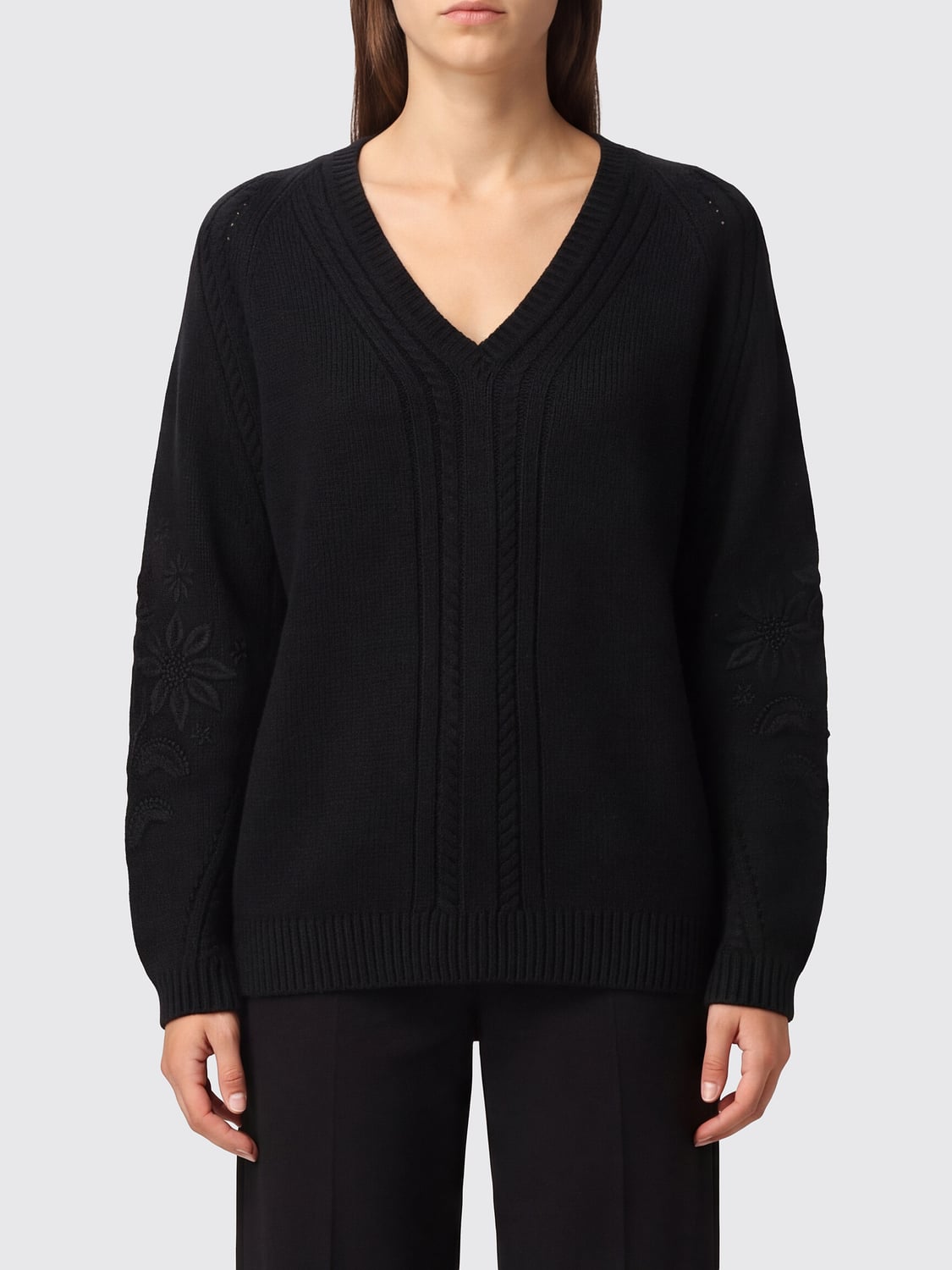 TWINSET SWEATER: V-Neck Wool-Blend Jumper Twinset with Ribbed Trims, Black - Img 1