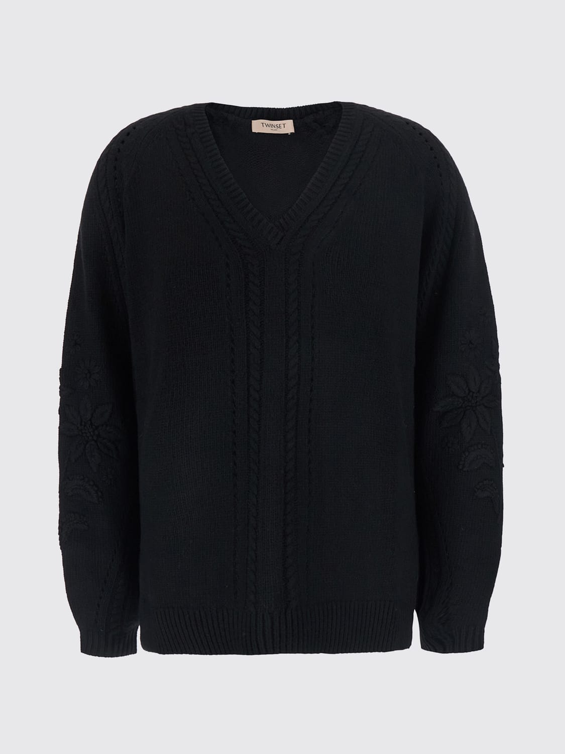 TWINSET SWEATER: V-Neck Wool-Blend Jumper Twinset with Ribbed Trims, Black - Img 2