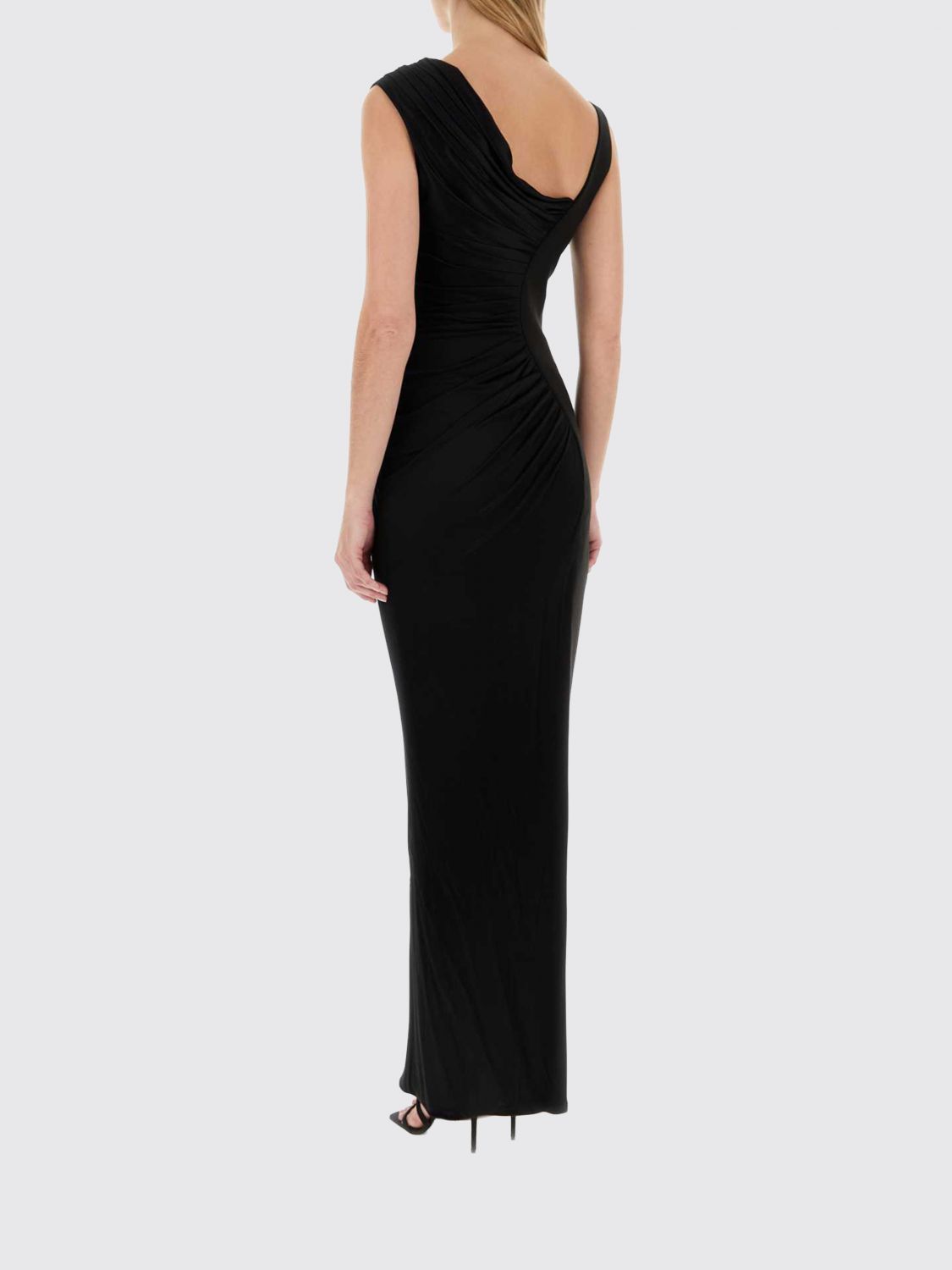 VERSACE VESTIDO: Vestido de noche largo asimétrico drapeado Versace con abertura frontal, Negro - Img 2