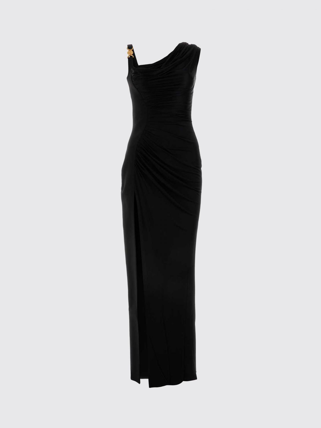VERSACE VESTIDO: Vestido de noche largo asimétrico drapeado Versace con abertura frontal, Negro - Img 3