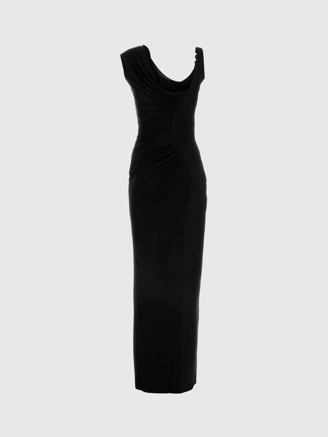 VERSACE VESTIDO: Vestido de noche largo asimétrico drapeado Versace con abertura frontal, Negro - Img 4