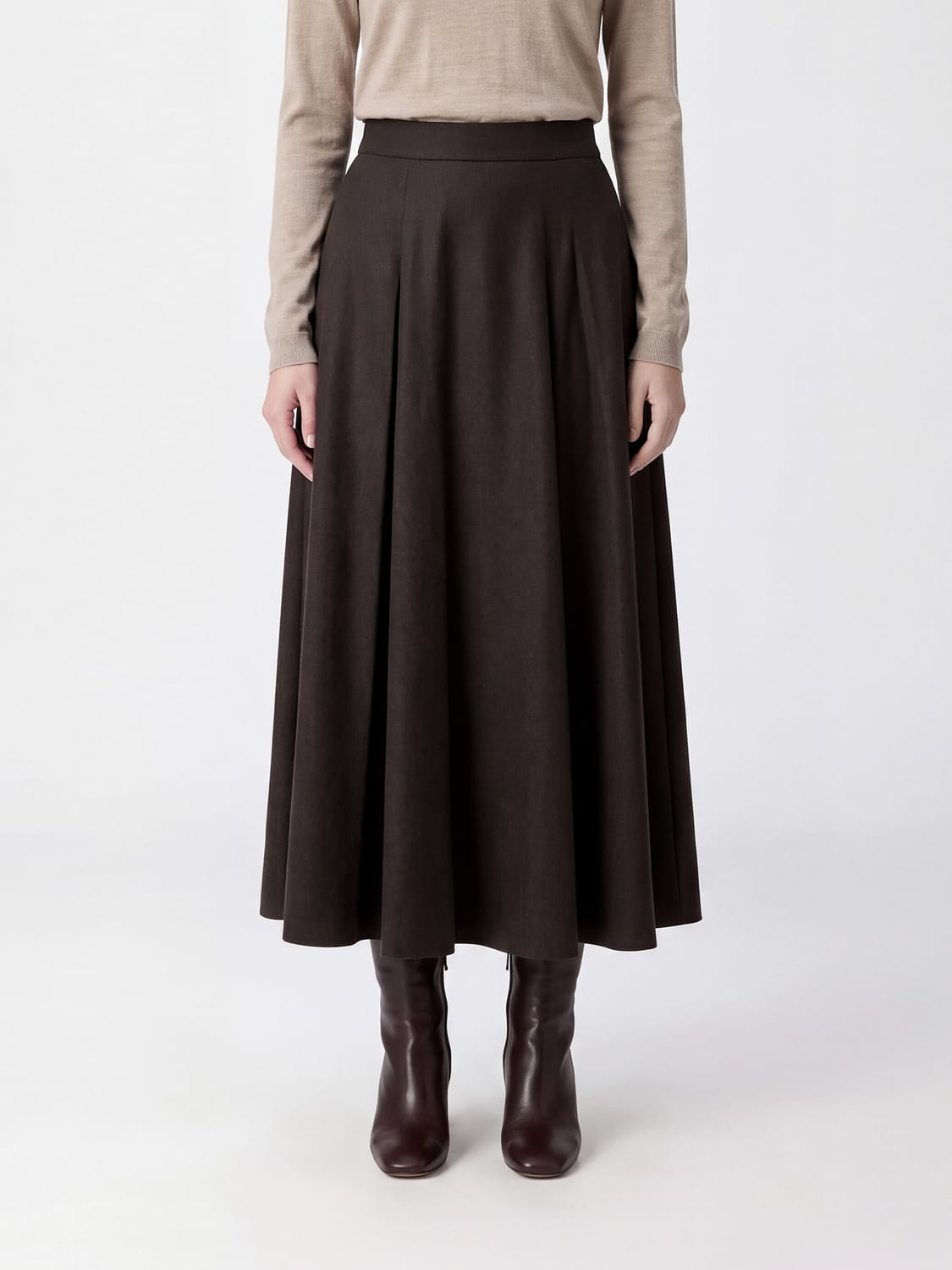 'S MAX MARA GONNA: Gonna midi a ruota 'S Max Mara in lana vergine stretch a vita alta, Marrone - Img 1