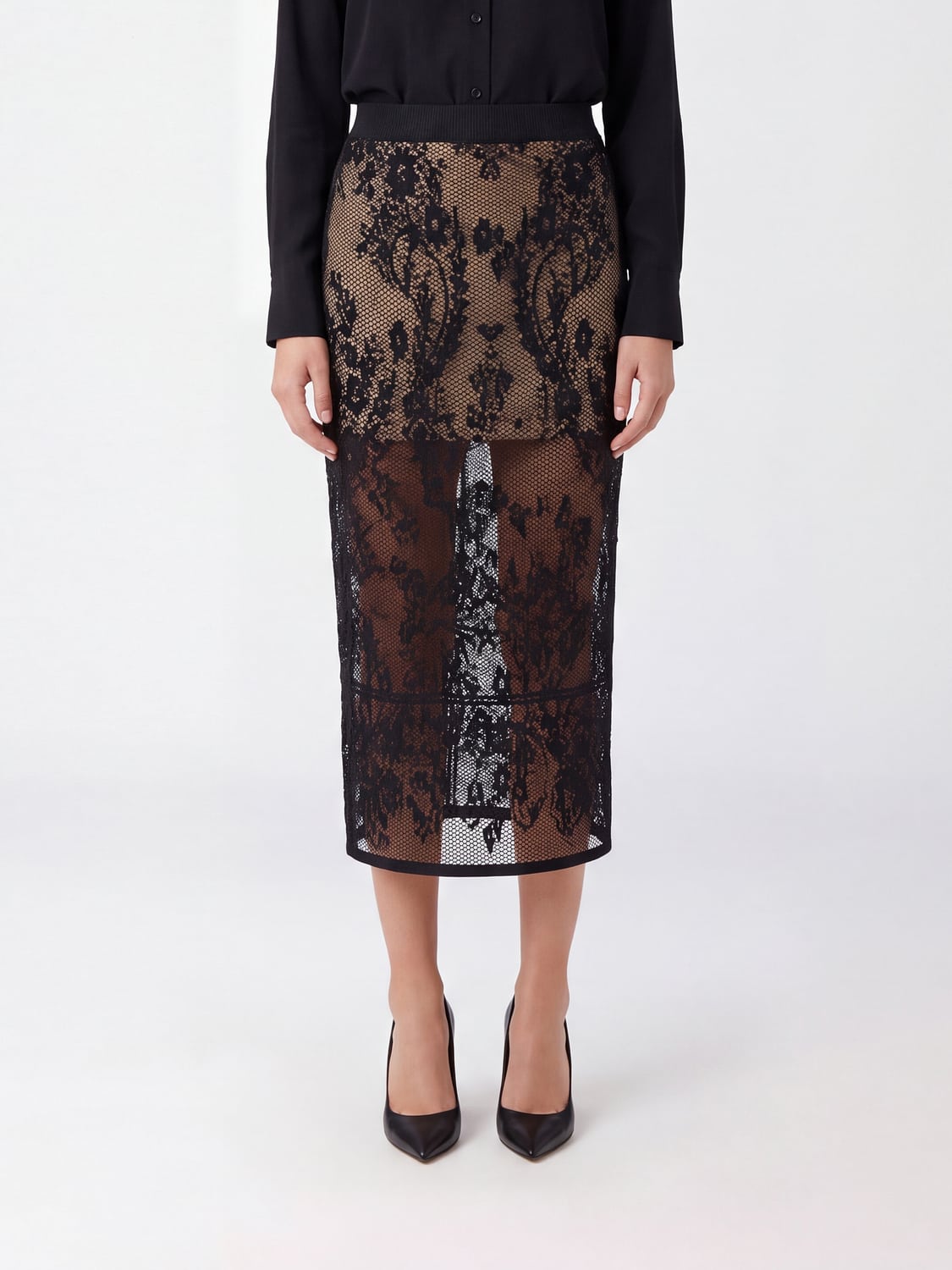 TWINSET SKIRT: Twinset High-Waisted Lace Midi Pencil Skirt, Black - Img 1