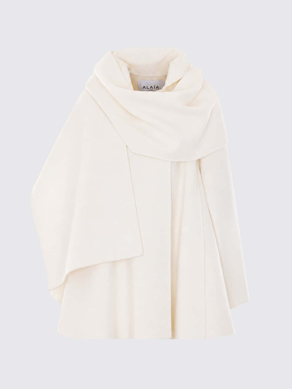 ALAÏA COAT: Alaïa Long Wool Cape with Hood and Asymmetric Hem, Ecru - Img 2