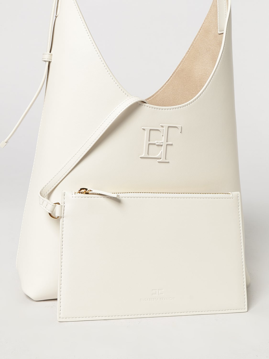 ELISABETTA FRANCHI BORSA A SPALLA: Borsa a spalla svasata Elisabetta Franchi con pochette interna estraibile, Burro - Img 3