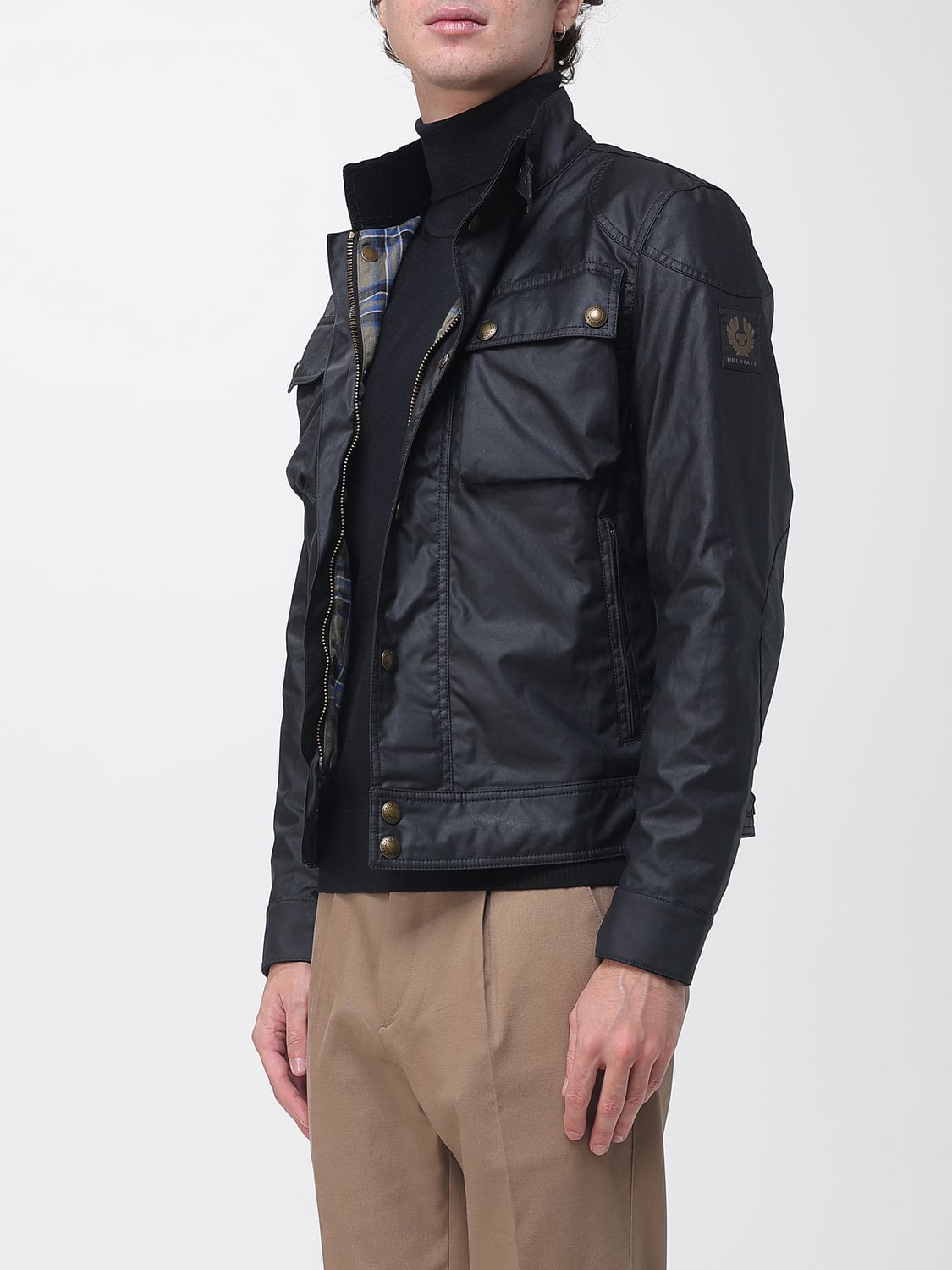 BELSTAFF JACKET: Racemaster Belstaff Jacket in Waxed Cotton with High Neck and Patch Pockets, Blue - Img 3