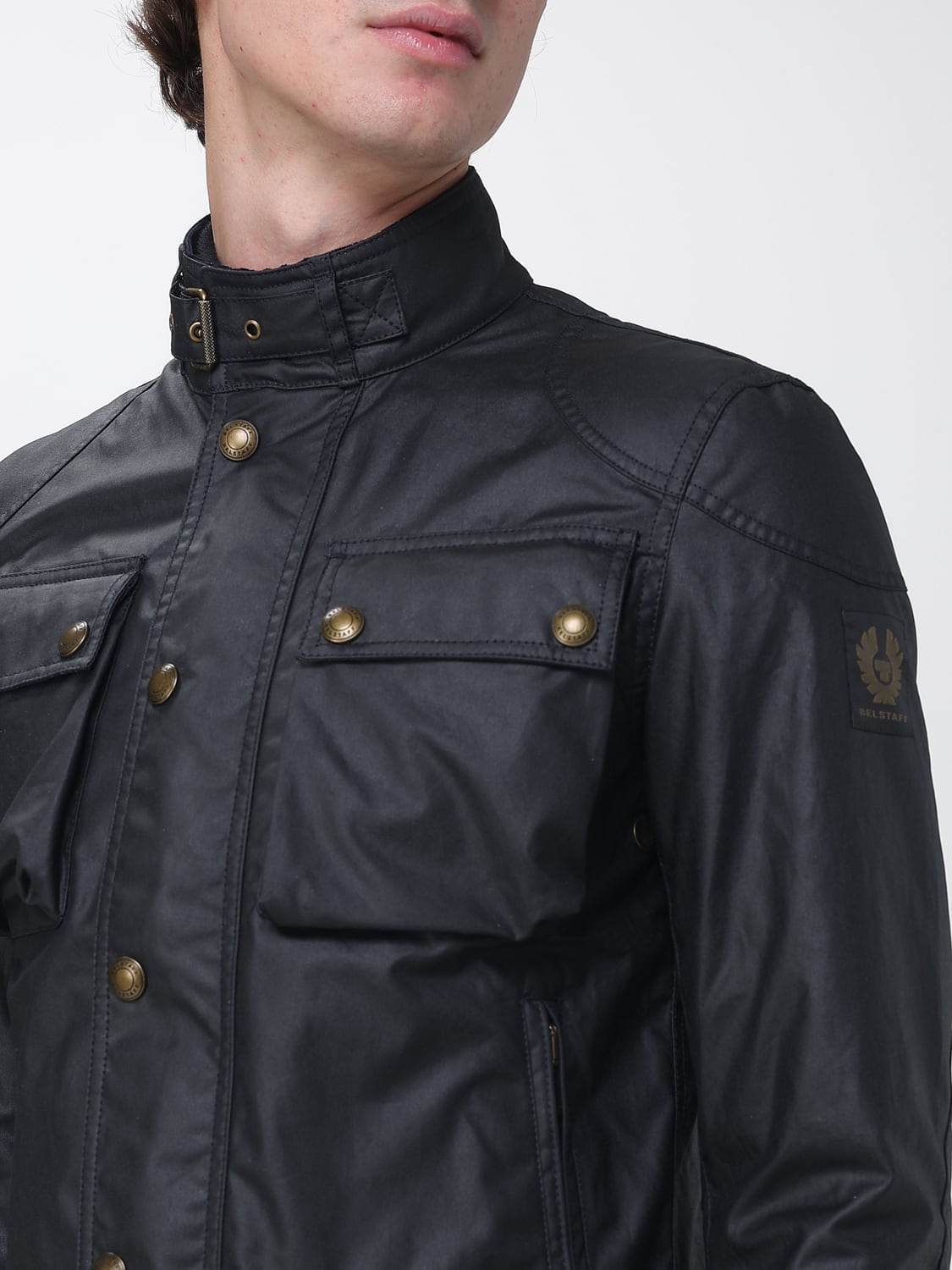 BELSTAFF JACKET: Racemaster Belstaff Jacket in Waxed Cotton with High Neck and Patch Pockets, Blue - Img 4