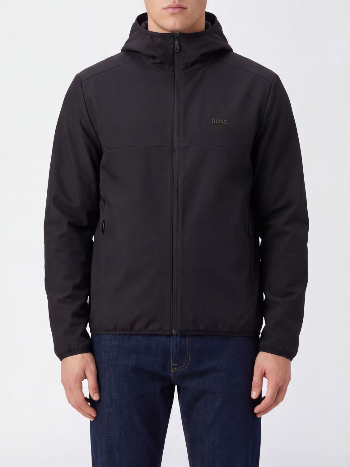 BOSS JACKET: Boss Lightweight Stretch Technical Fabric Hooded Jacket with Embroidered Logo, Black - Img 1
