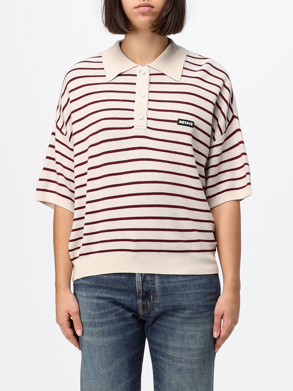ROTATE POLO: Rotate Gestreiftes Strick-Poloshirt aus Merinowoll-Mischung mit Kontrastlogo, Beige - Img 1