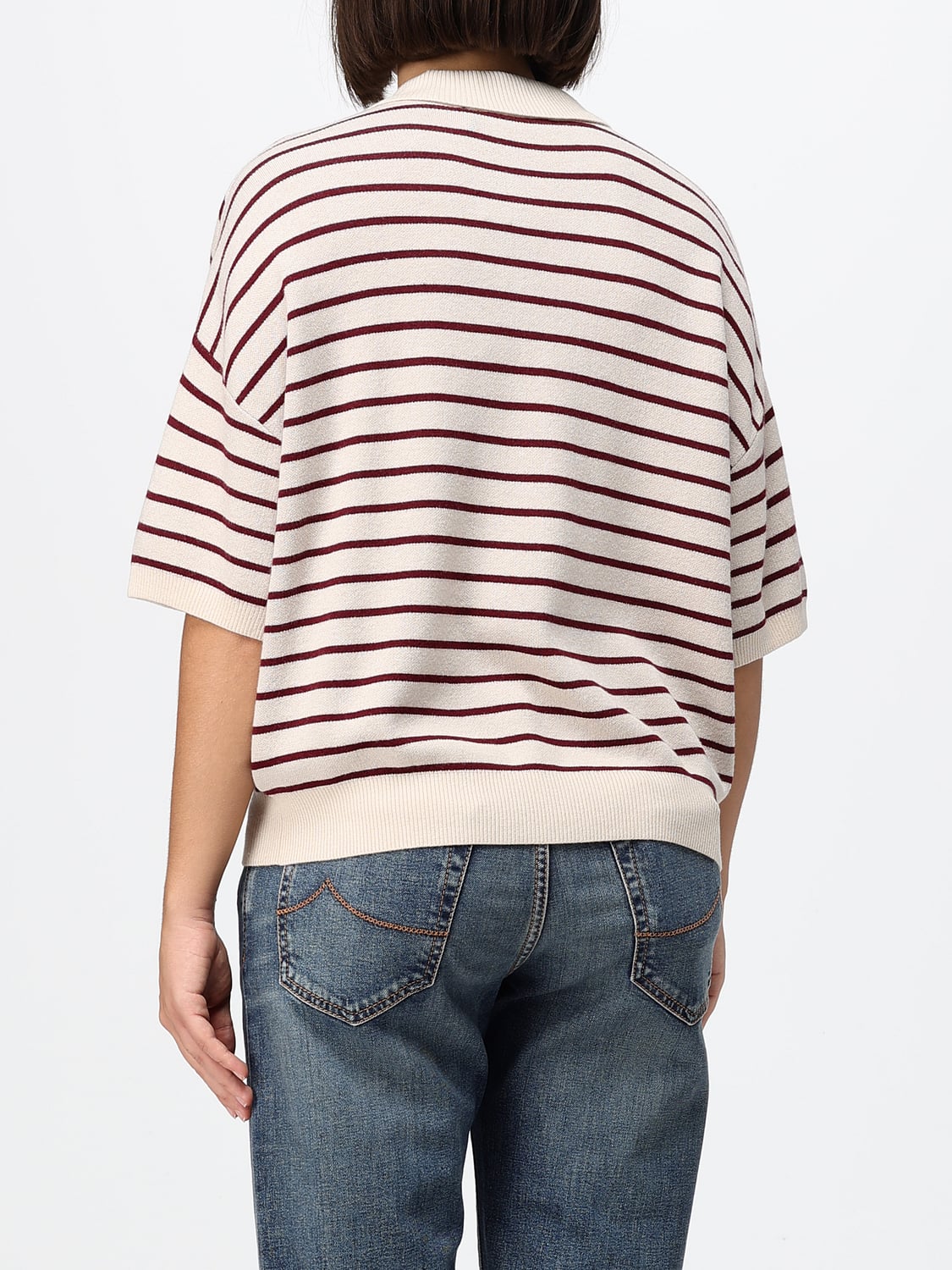 ROTATE POLO: Rotate Gestreiftes Strick-Poloshirt aus Merinowoll-Mischung mit Kontrastlogo, Beige - Img 2