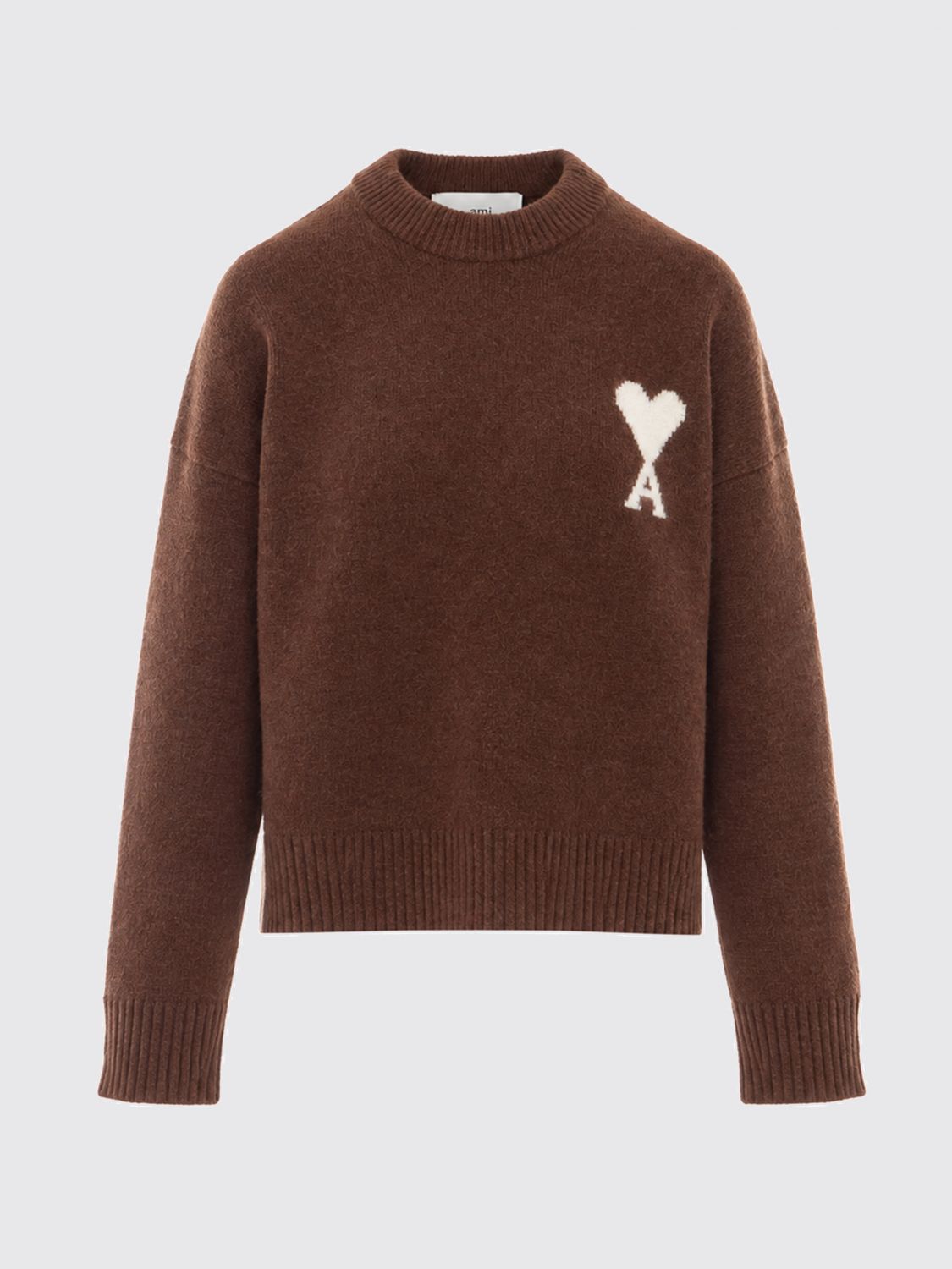 AMI PARIS PULL: Pull à col rond Ami Paris en mélange de laine et alpaga avec logo jacquard, Marron - Img 2