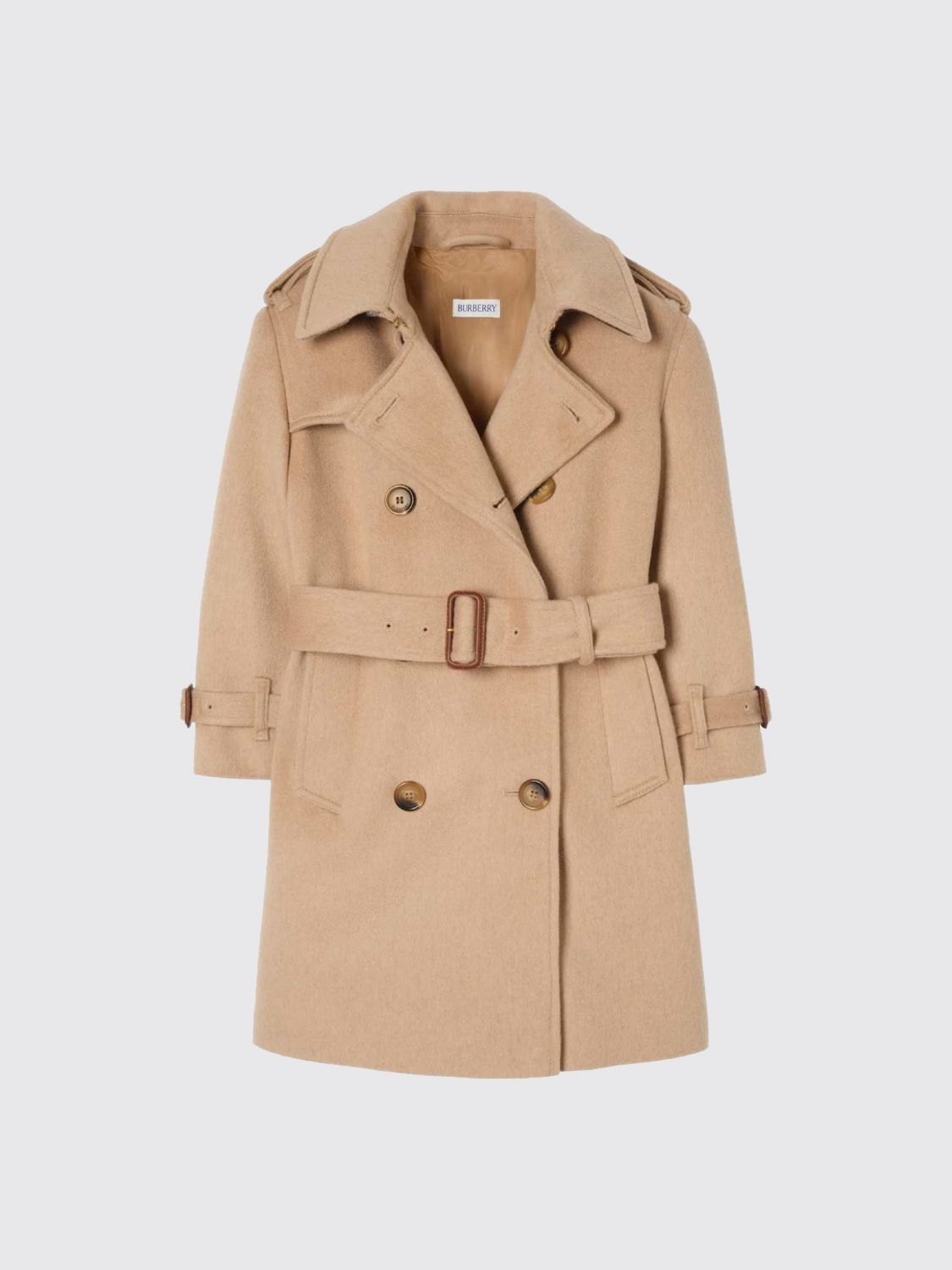 BURBERRY COAT: Burberry Boy's Double-Breasted Cashmere Trench Coat with Adjustable Belt, Camel - Img 1