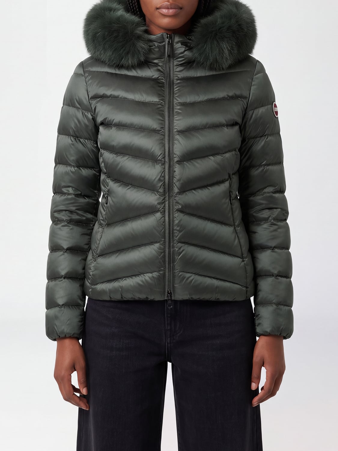 COLMAR JACKET: Colmar Quilted Water-Repellent Short Down Jacket with Shearling Hood, Green - Img 1