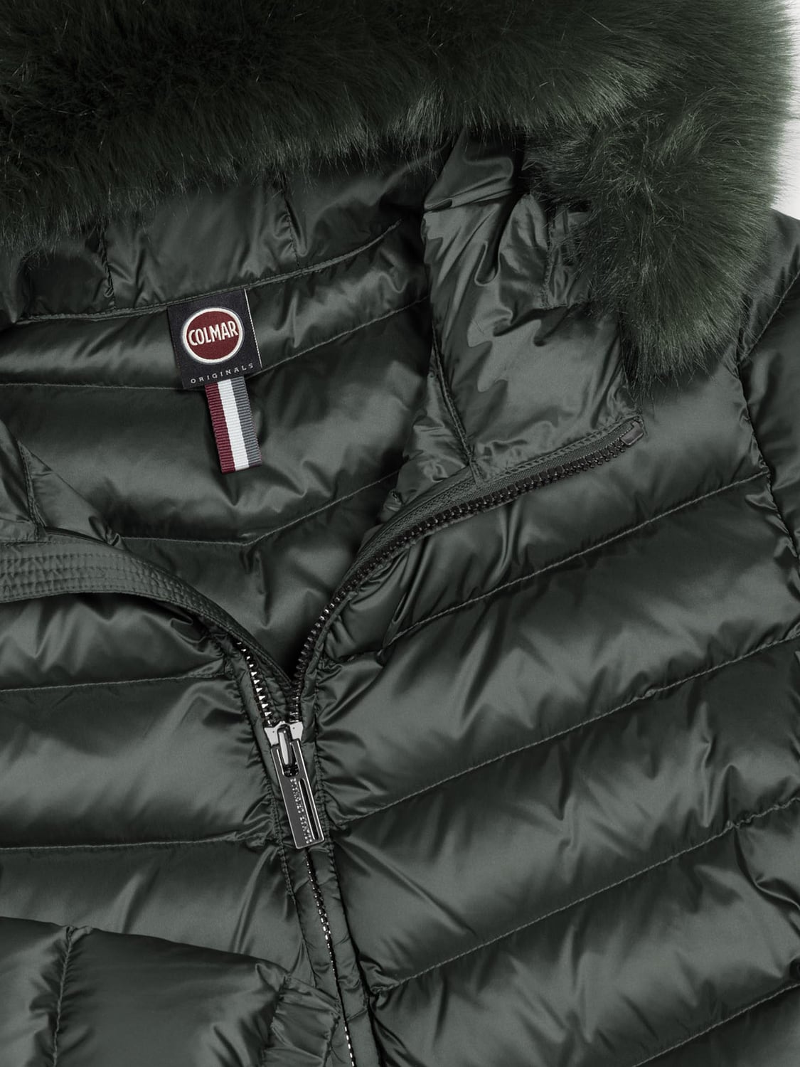 COLMAR JACKET: Colmar Quilted Water-Repellent Short Down Jacket with Shearling Hood, Green - Img 4