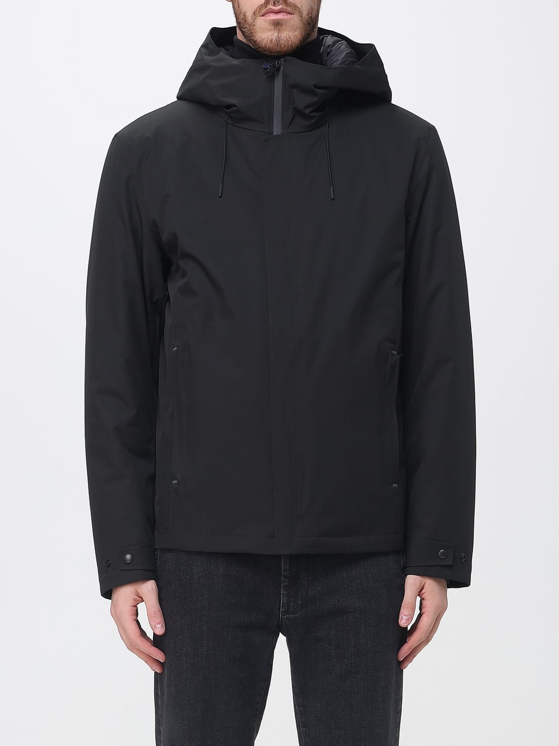 WOOLRICH 재킷: WOOLRICH 드로스트링 후드 폴리에스터 윈드브레이커 재킷, 블랙 - Img 1