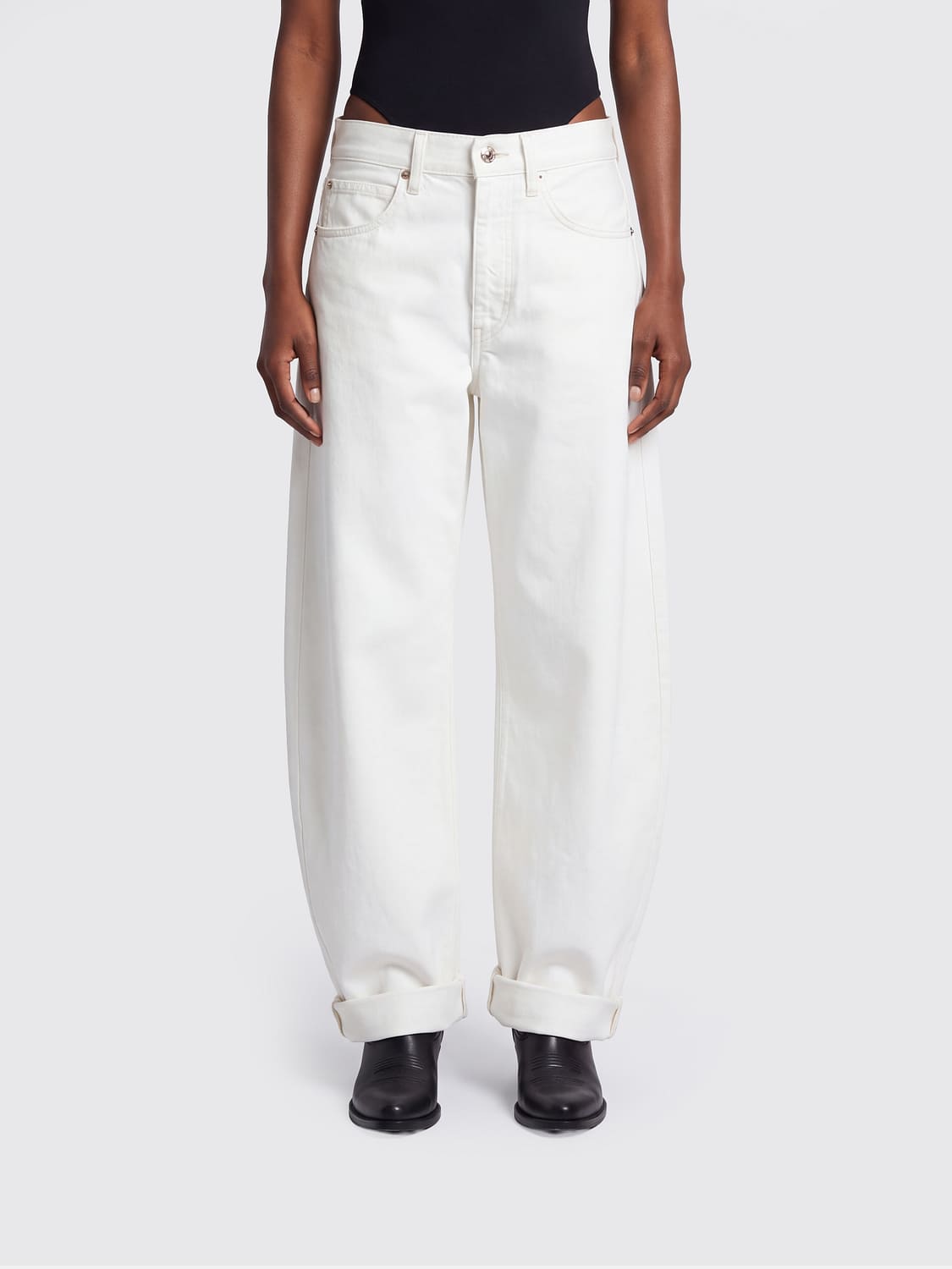 FRAME JEANS: Frame The Bubble Baggy Jeans in Wide-Leg, Mid-Rise Cotton Denim, White - Img 1