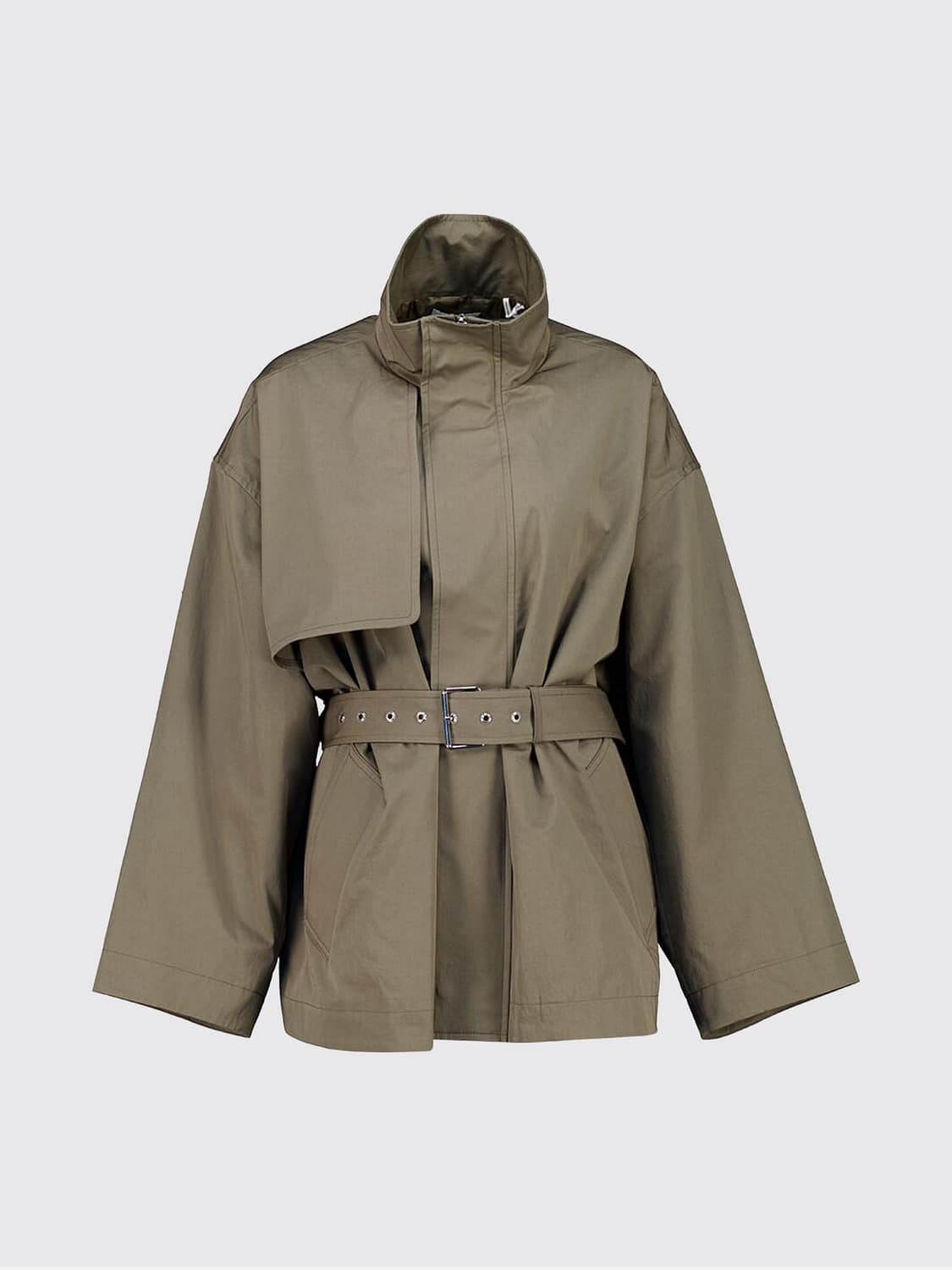 FRAME JACKET: Frame Cropped Cotton Trench Coat with High Neck and Adjustable Waist Belt, Military - Img 2
