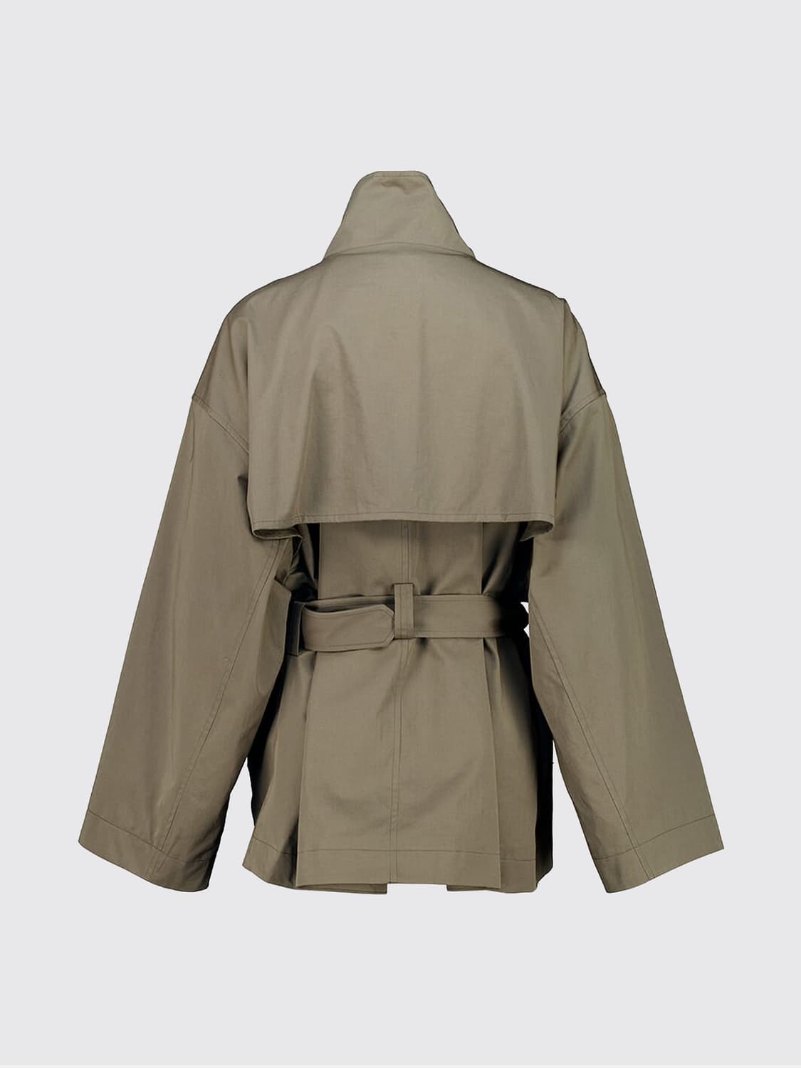 FRAME JACKET: Frame Cropped Cotton Trench Coat with High Neck and Adjustable Waist Belt, Military - Img 3