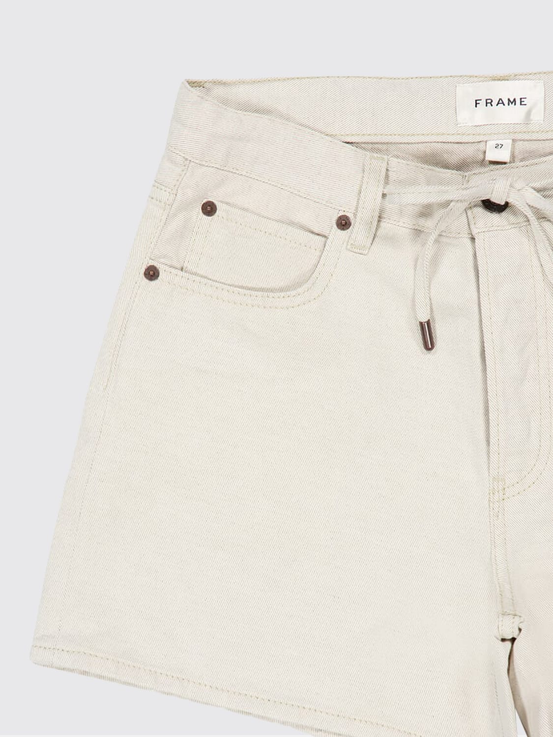 FRAME SHORTS: FRAME High-Waisted Cotton and Linen Blend Shorts with Drawstring and Five Pockets, Beige - Img 4