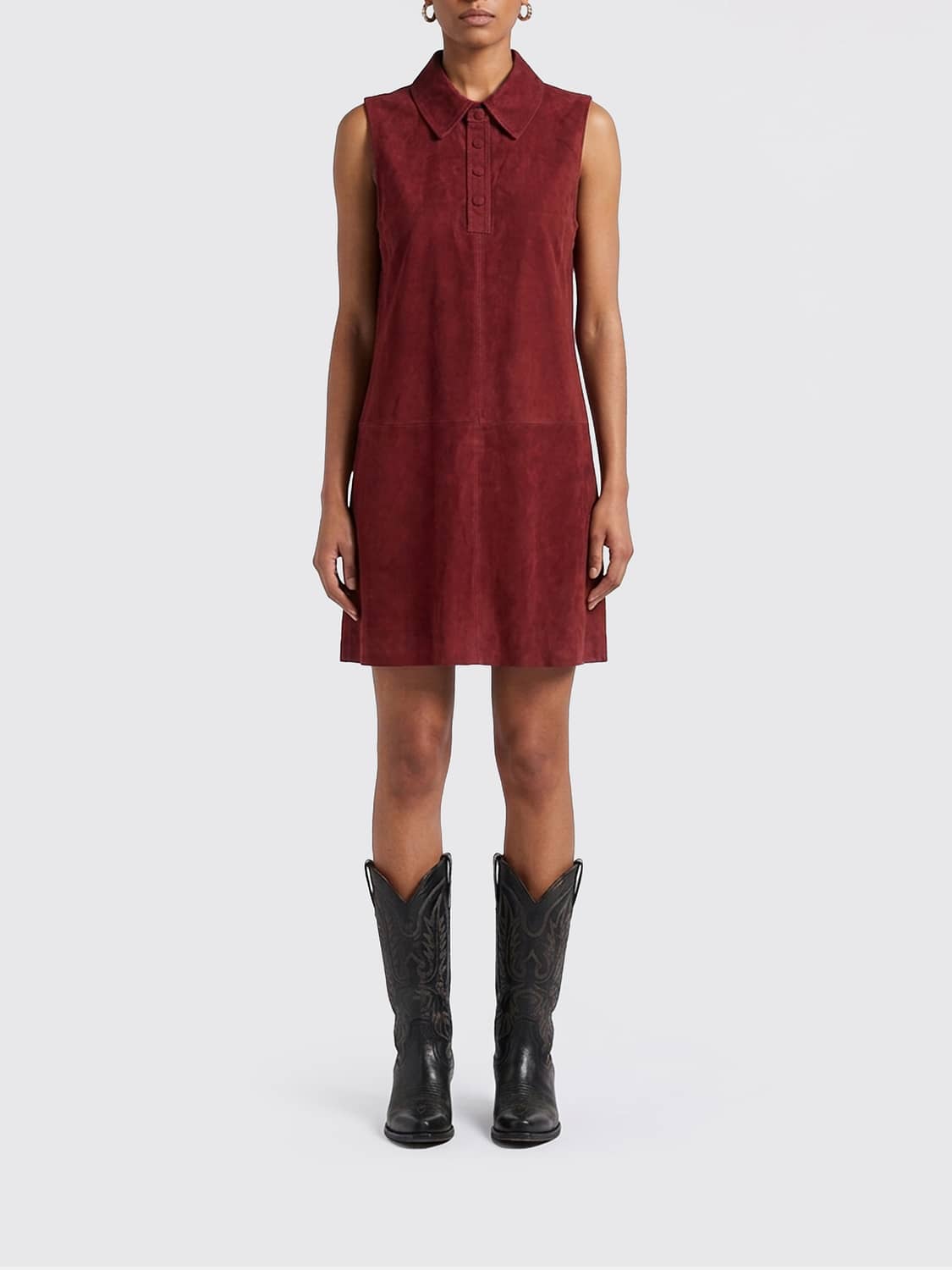 FRAME ROBE: Mini-robe chemisier sans manches Frame en suède avec col classique, Rouge - Img 1
