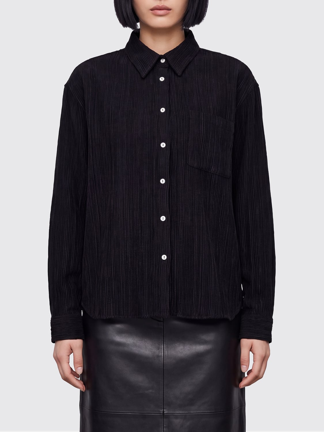 120% LINO CAMISA: Camisa plisada de manga larga 120% Lino en mezcla de lana, Negro - Img 1