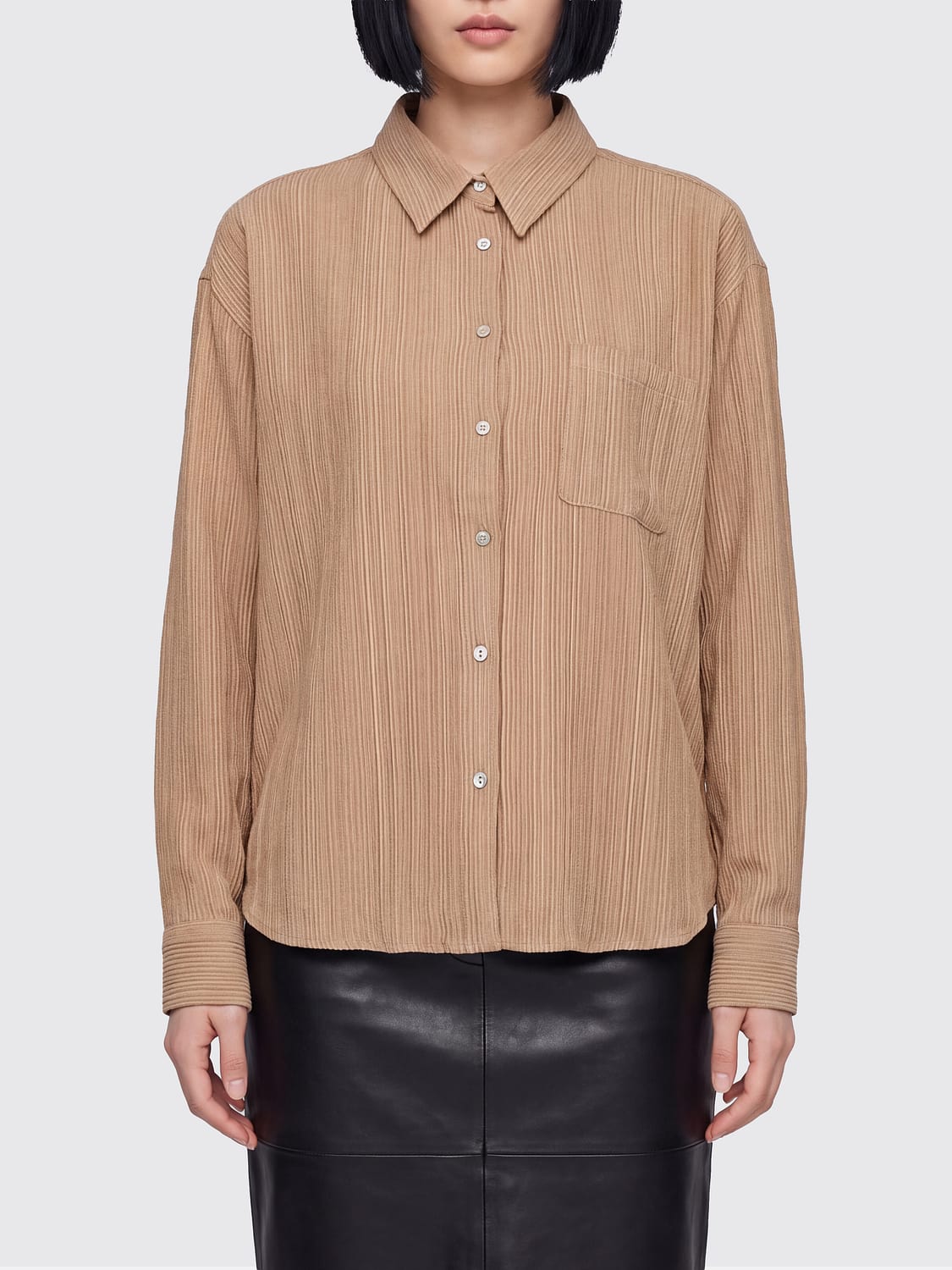 120% LINO CAMISA: Camisa plisada de manga larga 120% Lino en mezcla de lana, Marrón - Img 1