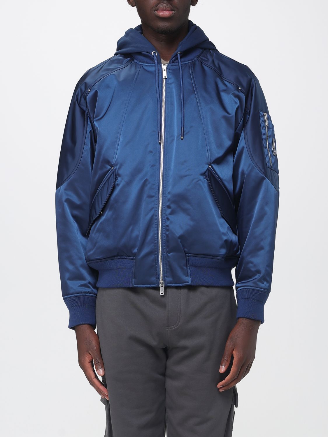 MOOSE KNUCKLES JACKET: Moose Knuckles Hooded Bomber Jacket in Recycled Nylon with Dropped Shoulders, Blue - Img 1