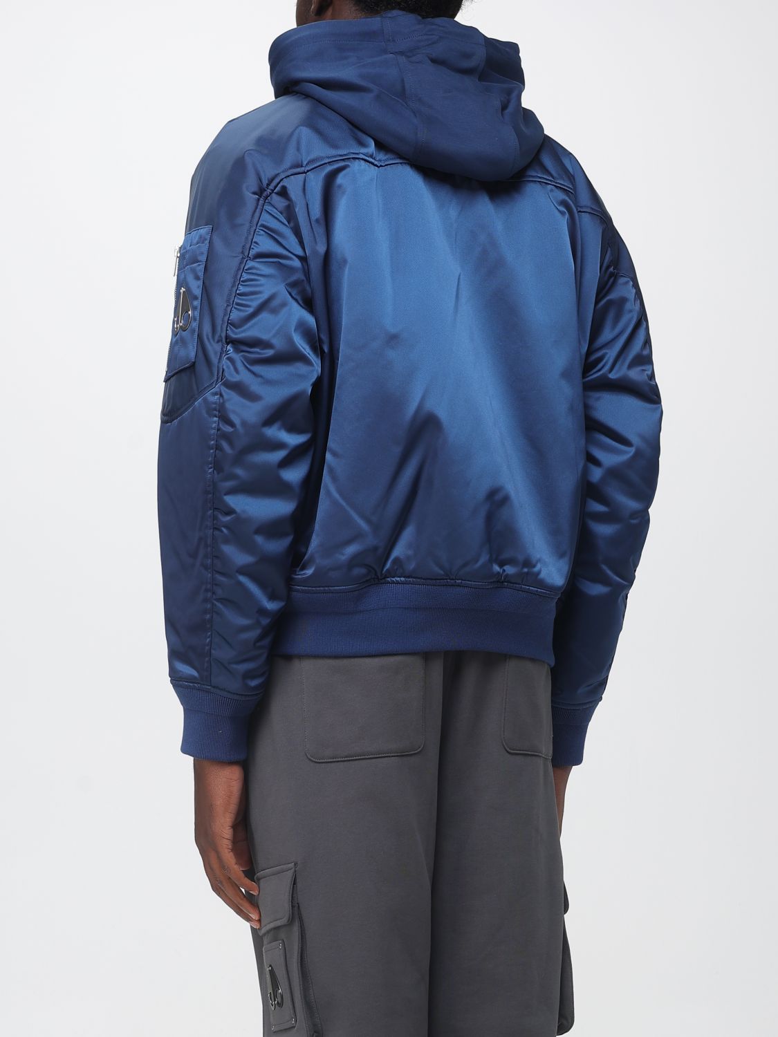MOOSE KNUCKLES JACKET: Moose Knuckles Hooded Bomber Jacket in Recycled Nylon with Dropped Shoulders, Blue - Img 2