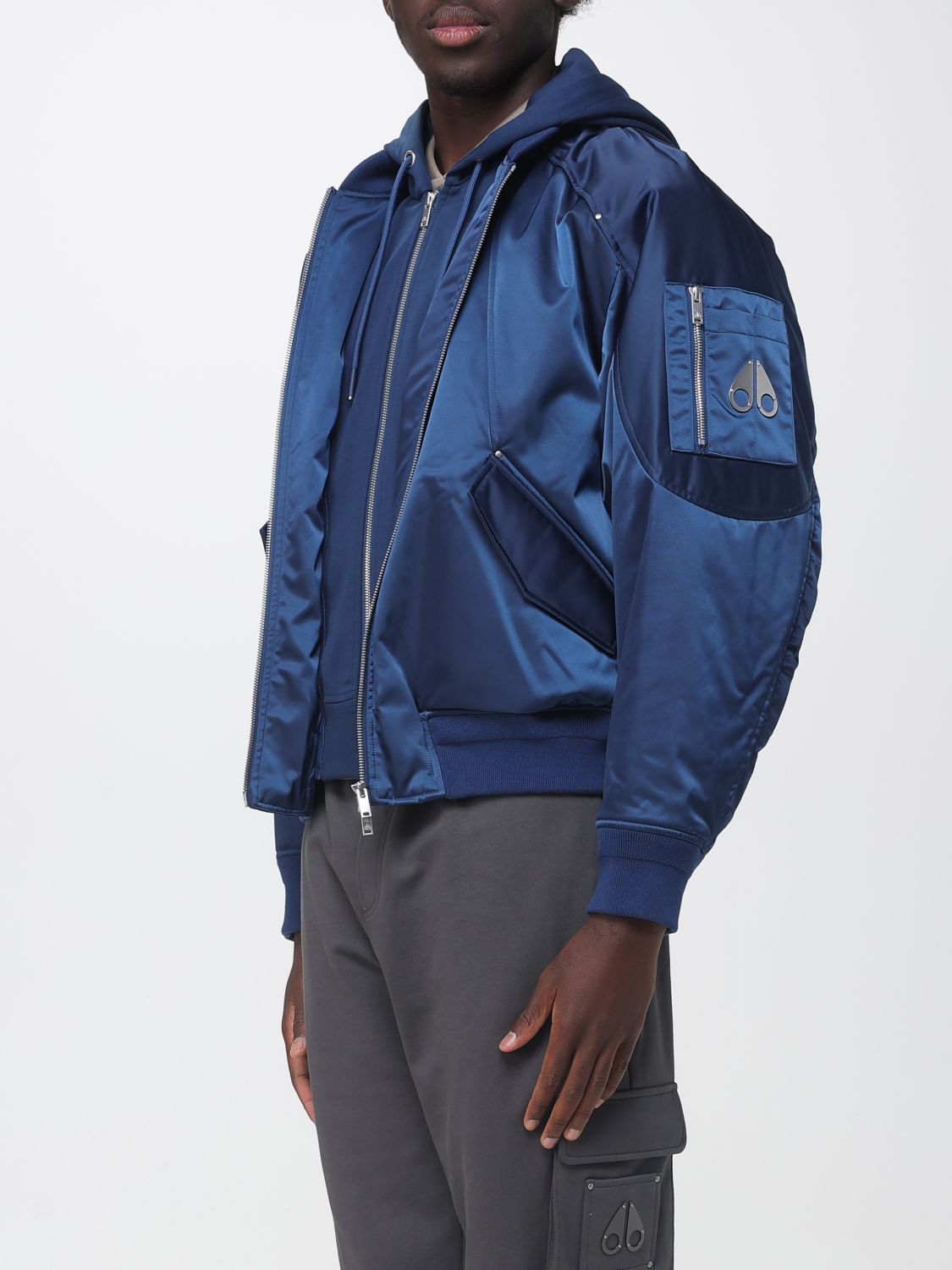 MOOSE KNUCKLES JACKET: Moose Knuckles Hooded Bomber Jacket in Recycled Nylon with Dropped Shoulders, Blue - Img 3