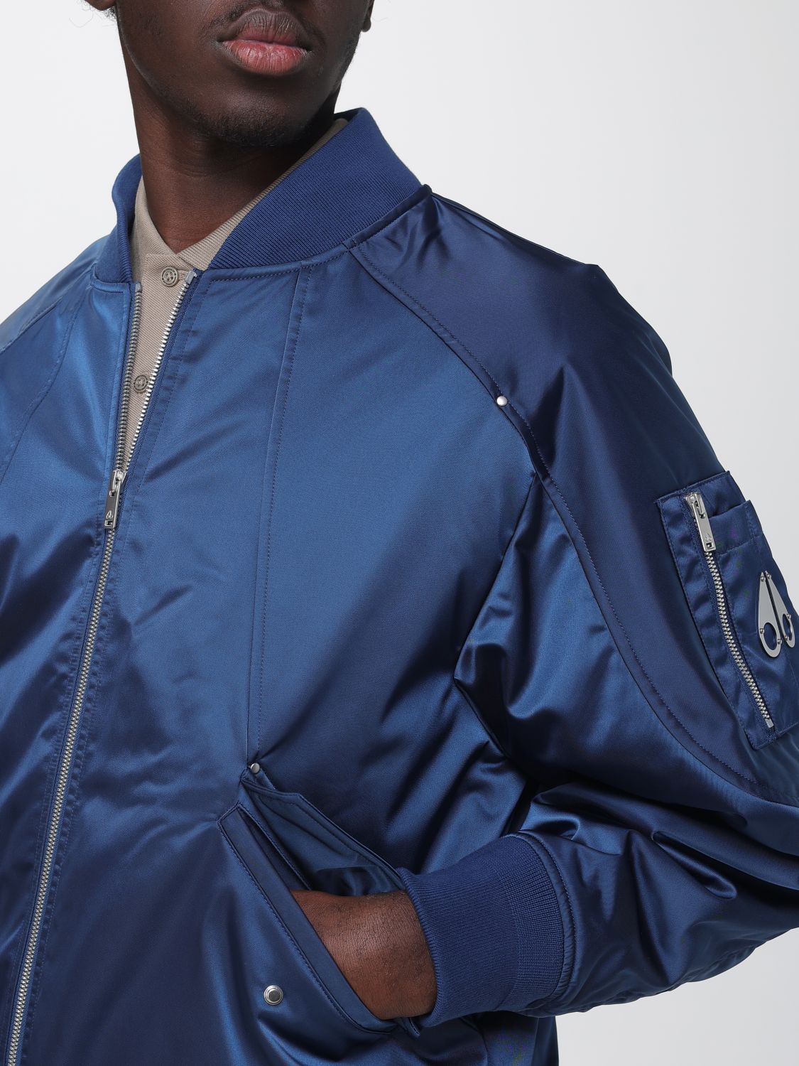 MOOSE KNUCKLES JACKET: Moose Knuckles Hooded Bomber Jacket in Recycled Nylon with Dropped Shoulders, Blue - Img 4