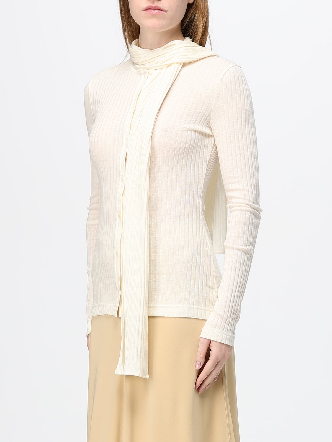 TOTEME JERSEY: Cárdigan de canalé Toteme de mezcla de lana con cuello de lazo, Crudo - Img 4