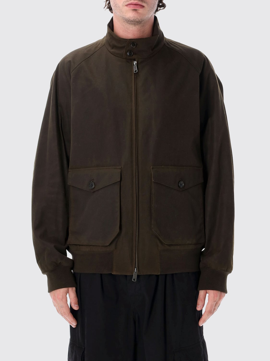 BARACUTA JACKET: Baracuta Waxed Cotton Bomber Jacket with High Collar and Flap Pockets, Green - Img 1