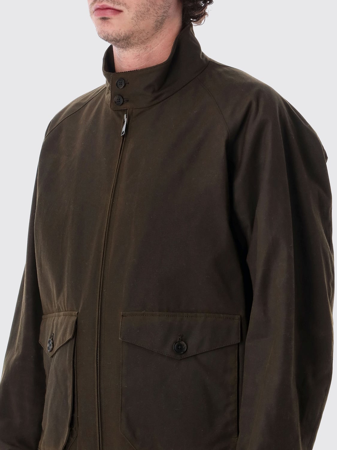 BARACUTA JACKET: Baracuta Waxed Cotton Bomber Jacket with High Collar and Flap Pockets, Green - Img 3