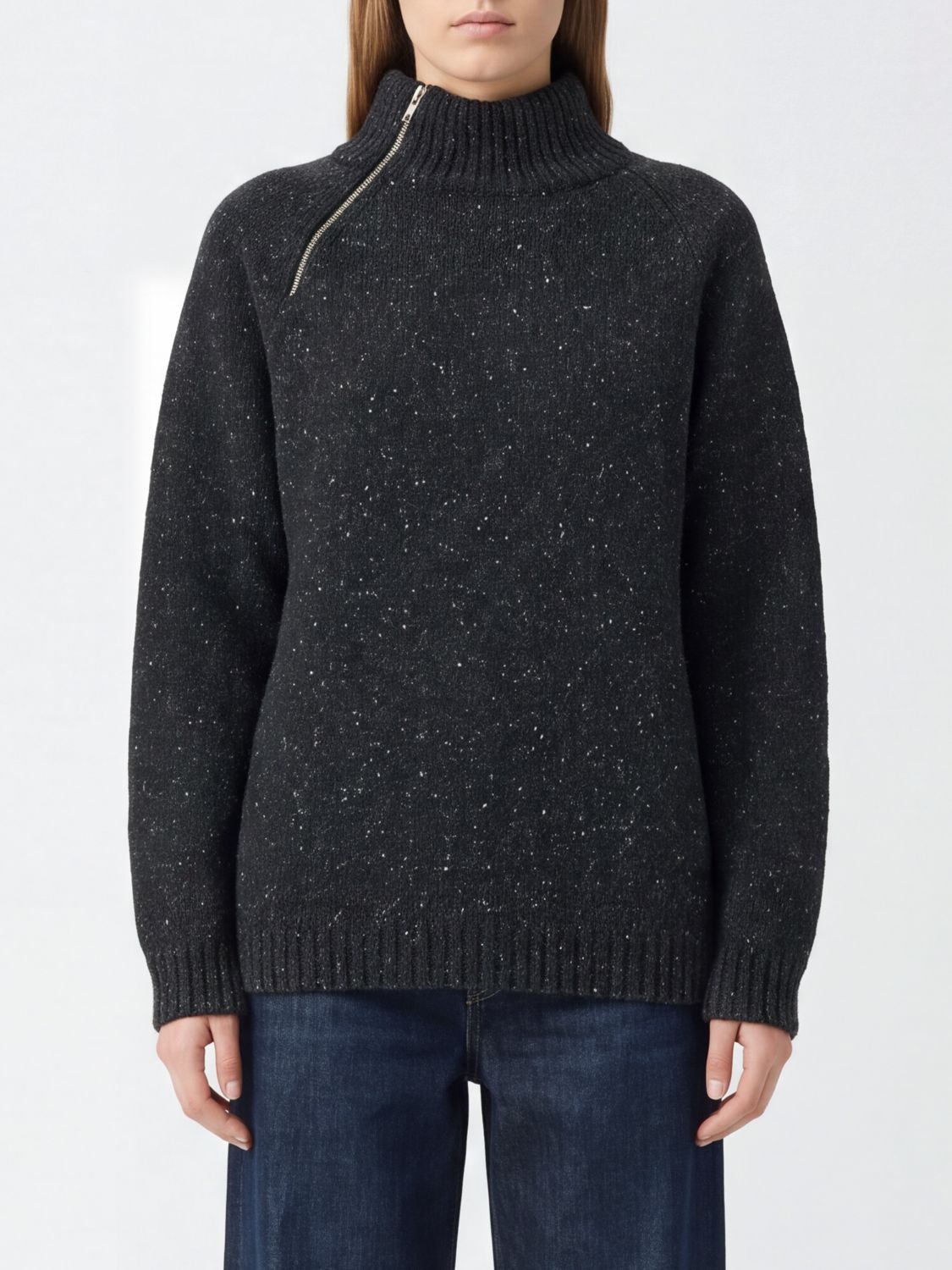 GIMAGUAS MAGLIA: Dolcevita Gimaguas in misto lana riciclata con zip parziale e spalle cadute, Nero - Img 1