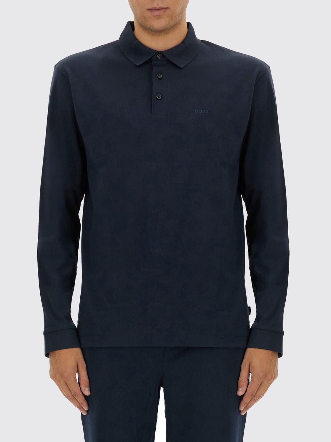 BOSS POLO: Polo à manches longues BOSS en coton avec logo brodé ton sur ton, Bleu - Img 1