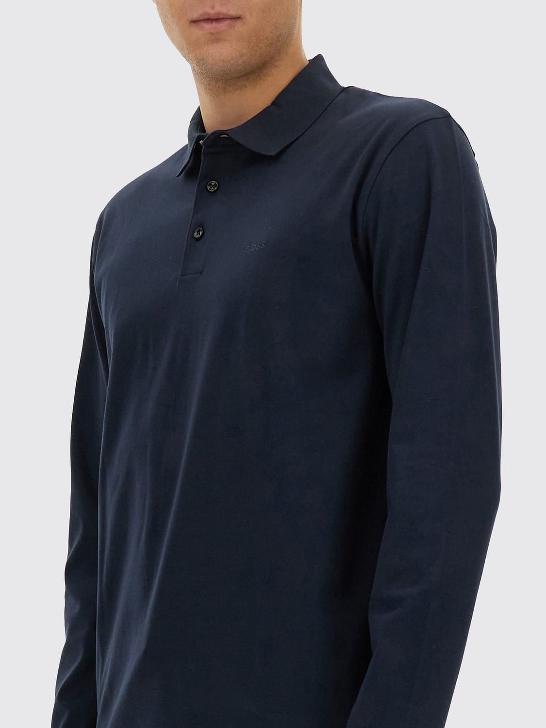 BOSS POLO: Polo à manches longues BOSS en coton avec logo brodé ton sur ton, Bleu - Img 4