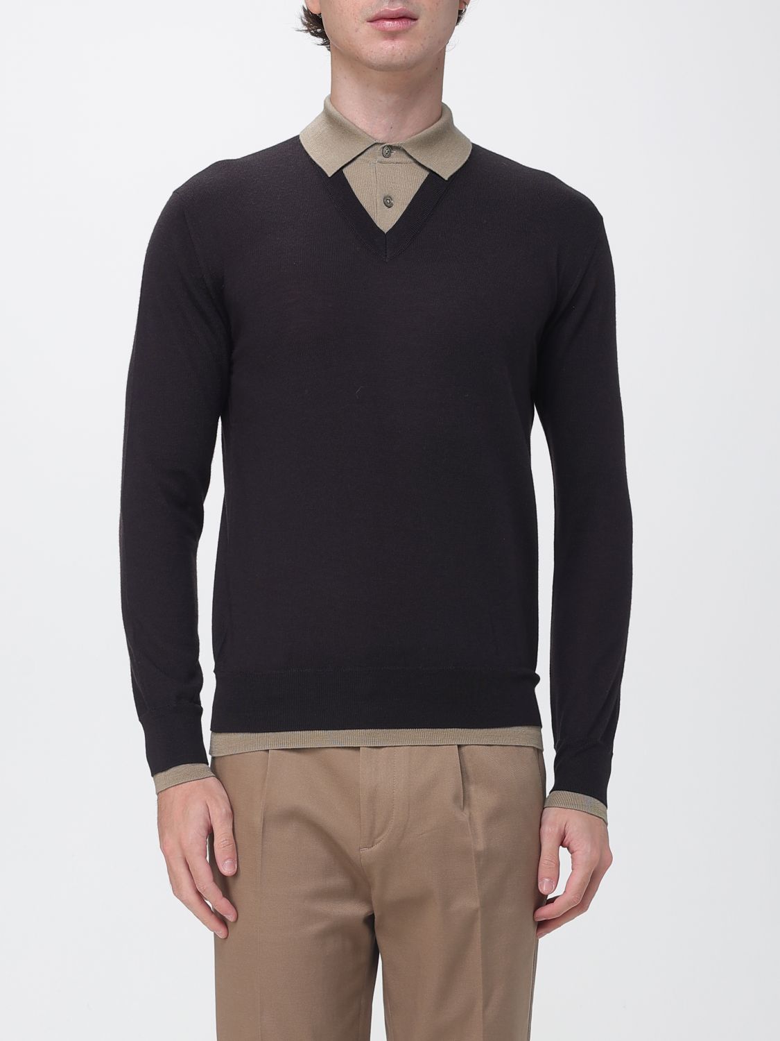 PAOLO PECORA POLO SHIRT: Paolo Pecora Long-Sleeve Knitted Cotton Polo Shirt with Classic Collar, Brown - Img 1