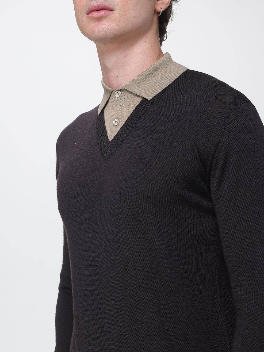 PAOLO PECORA POLO SHIRT: Paolo Pecora Long-Sleeve Knitted Cotton Polo Shirt with Classic Collar, Brown - Img 3