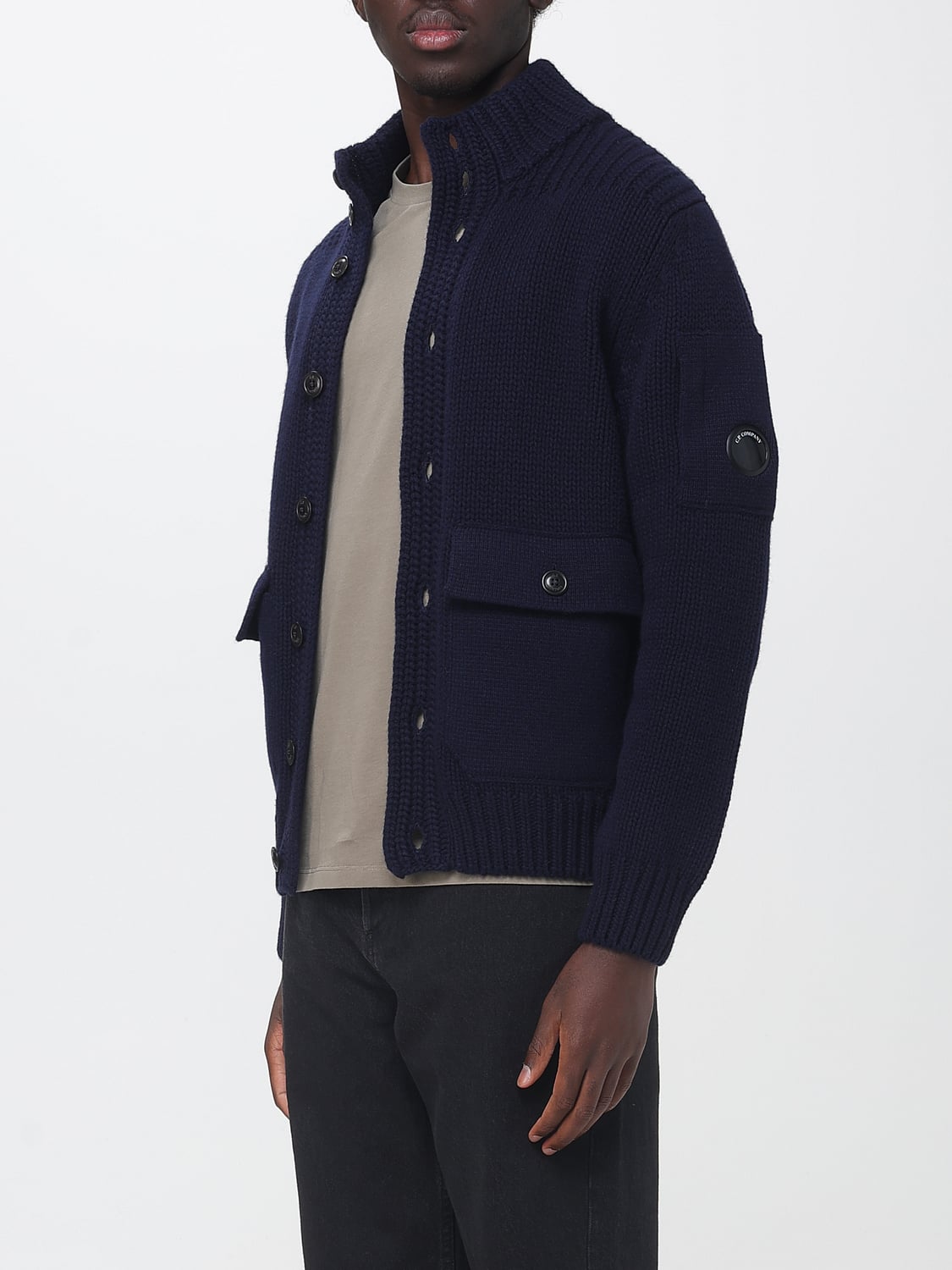 C.P. COMPANY PULL: Cardigan C.P. Company en laine mélangée avec col roulé et poches, Bleu - Img 3