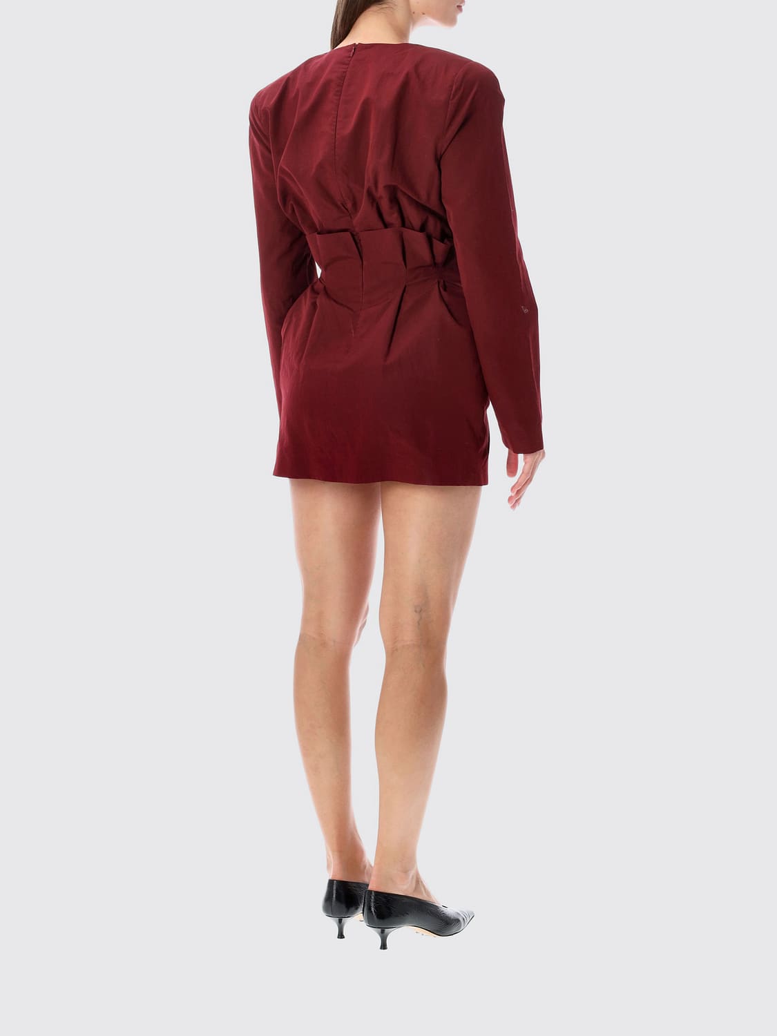 MAGDA BUTRYM KLEID: Magda Butrym Minikleid aus Baumwoll-Seiden-Mischung mit Blumenapplikation und Schulterpolstern, Burgunderrot - Img 2