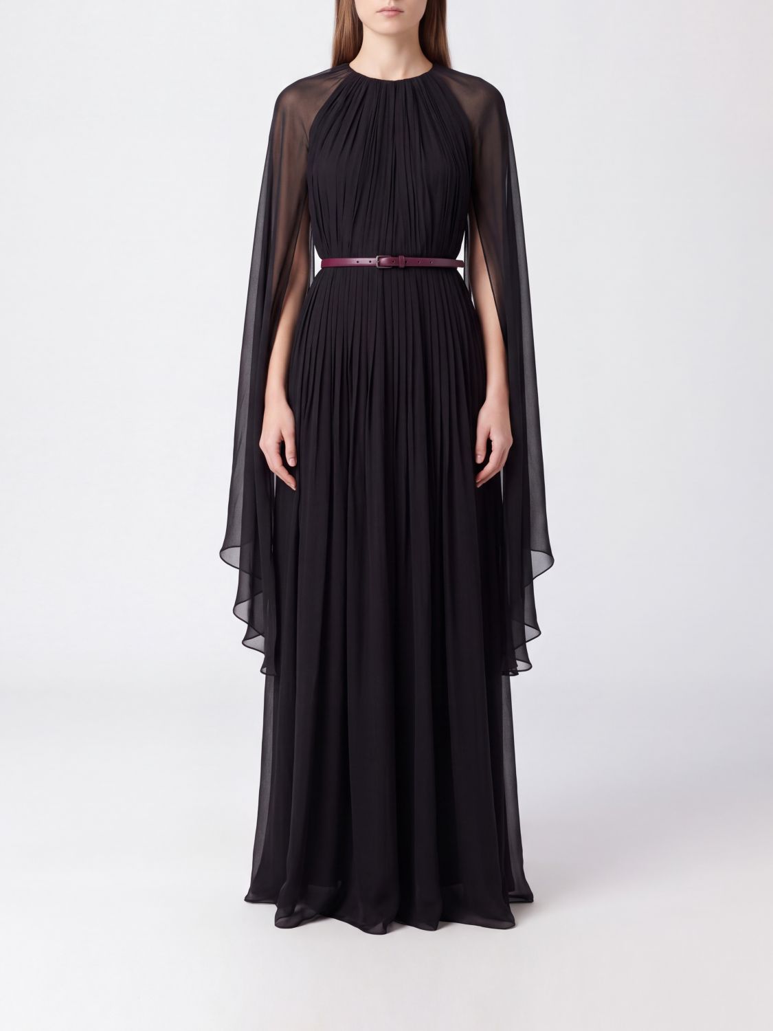 MAX MARA KLEID: Langes Abendkleid Max Mara aus Seide mit langen Ärmeln und Gürtel, Schwarz - Img 1